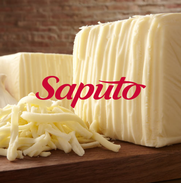 Saputo's logo with cheese behind it.