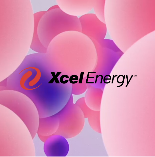Xcel Energy's logo with pink and purples circles behind it