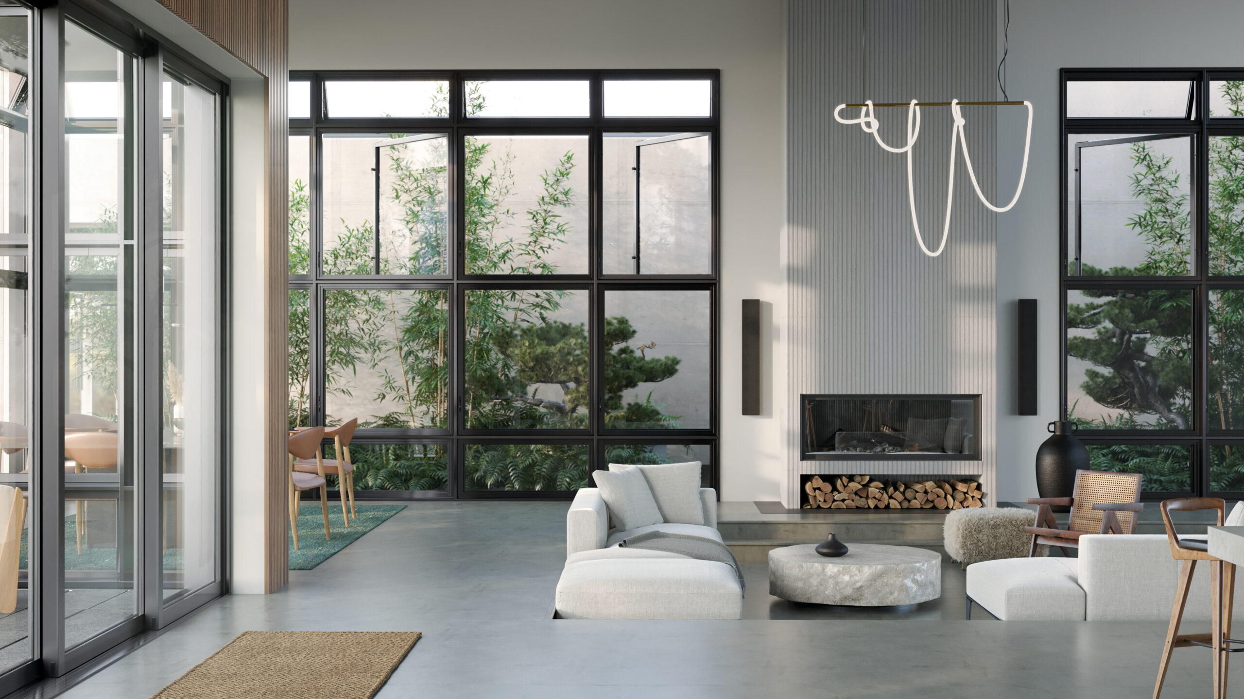 A view of a beautiful living room with huge windows.