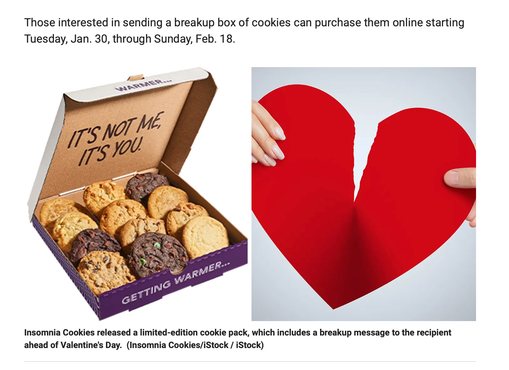 Insomnia Cookies' breakup box campaign featured on a media outlet.