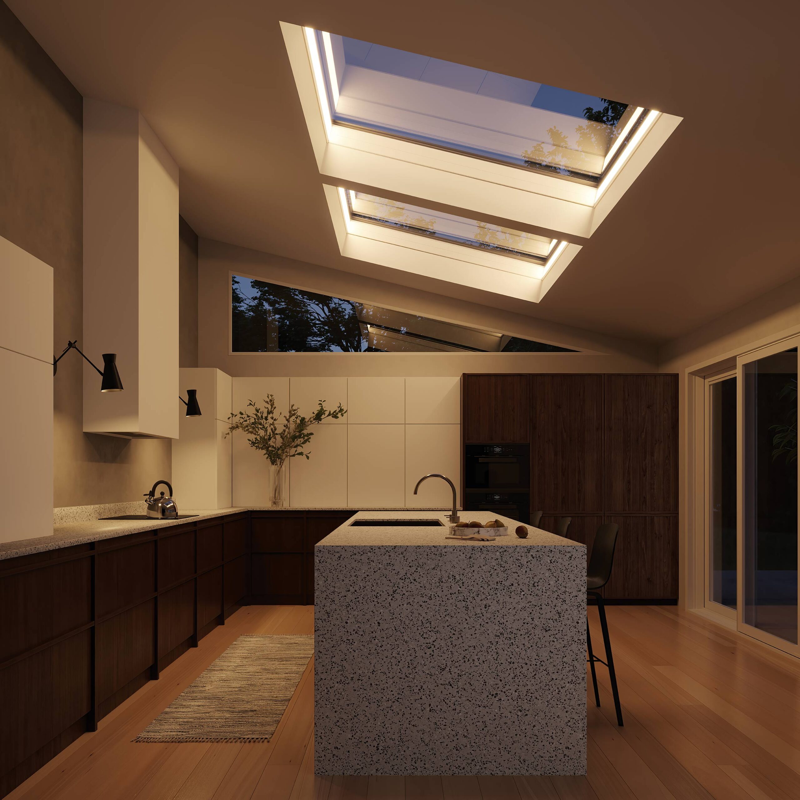 A view of a kitchen with skylight windows.