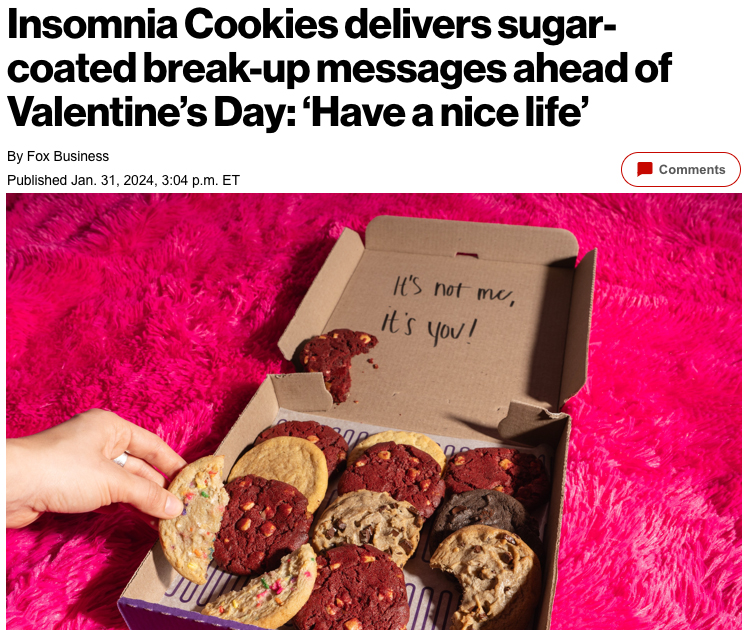 Insomnia Cookies' breakup box campaign featured on a media outlet.