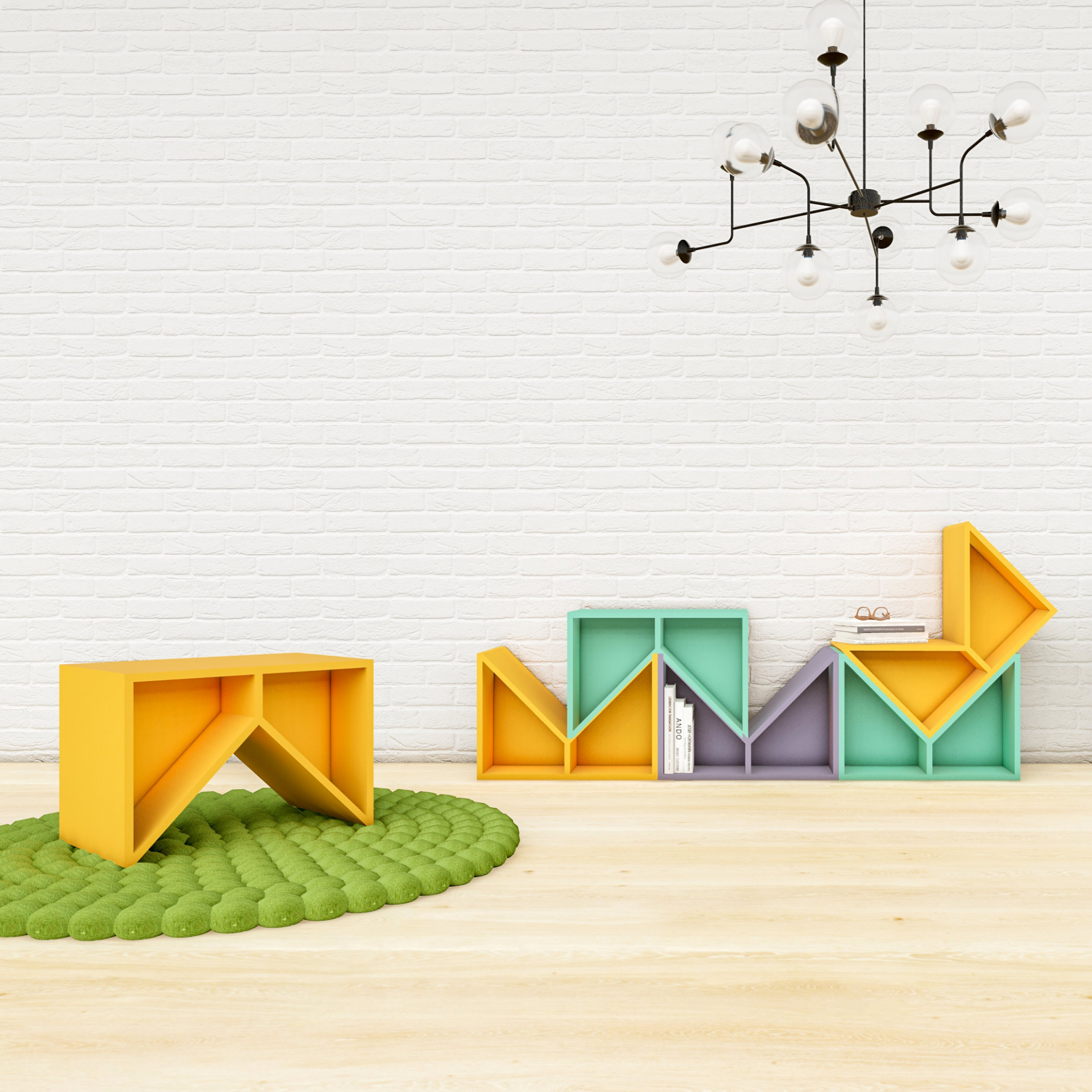 Brightly colored stackable shelves.