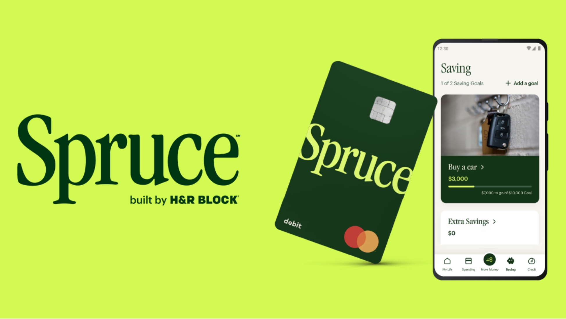 A Spruce credit card next to a mobile phone displaying the Spruce app.